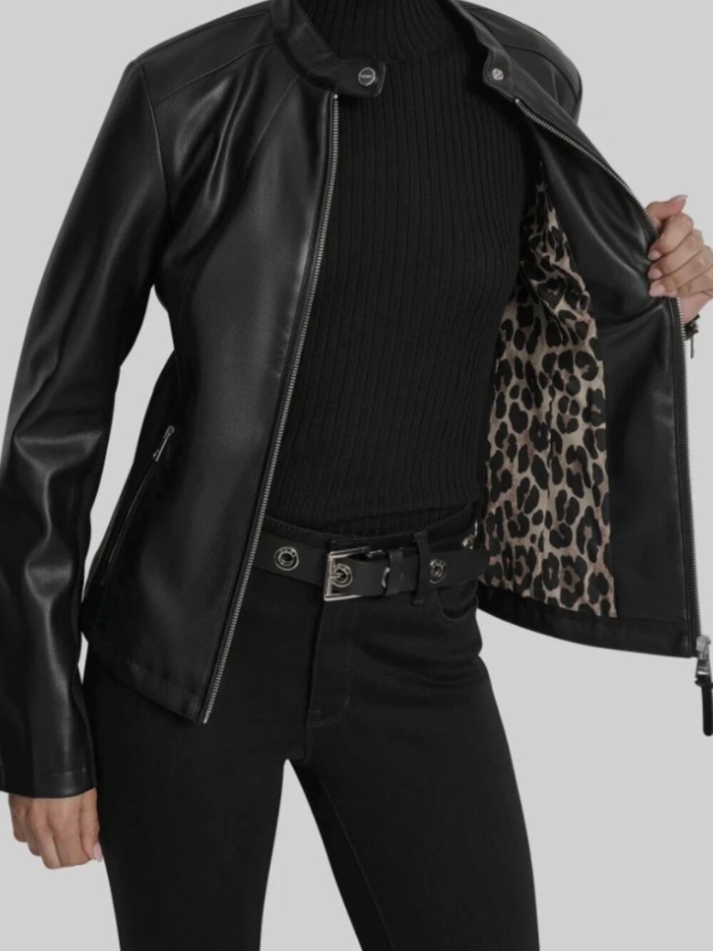 NWT-DKNY Faux Leather Moto Jacket small + NWOT Plaid Dress Small ly-space - Picture 5 of 12